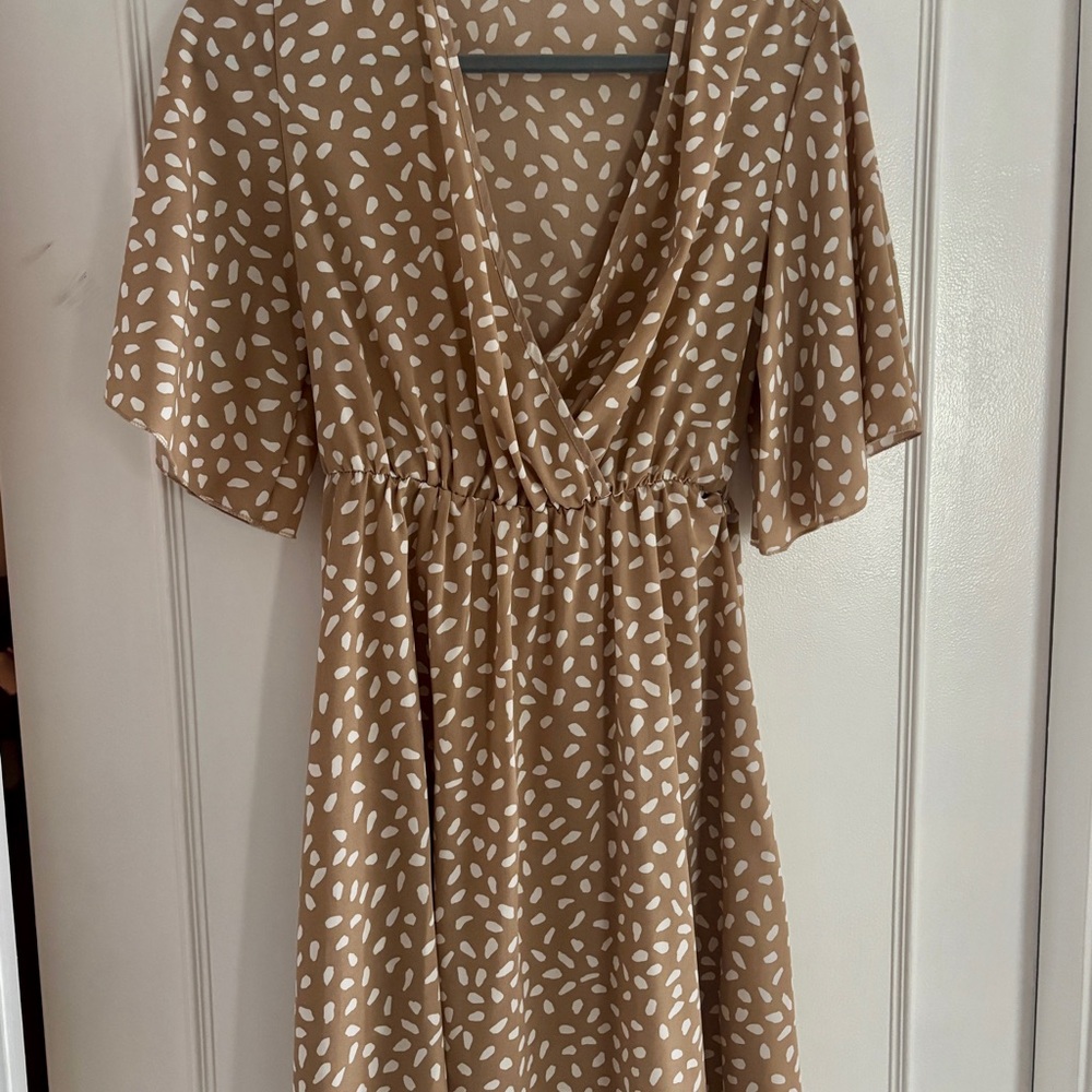 ROMWE Beige Polka-Dot Wrap Midi Dress